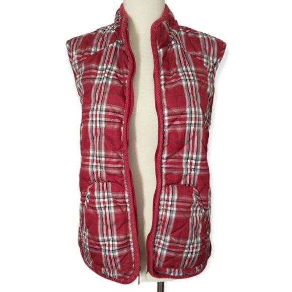 Buffalo Plaid Puffy Vest Quilted Red Pockets Cinched Medium Outdoors Academia - Picture 14 of 16